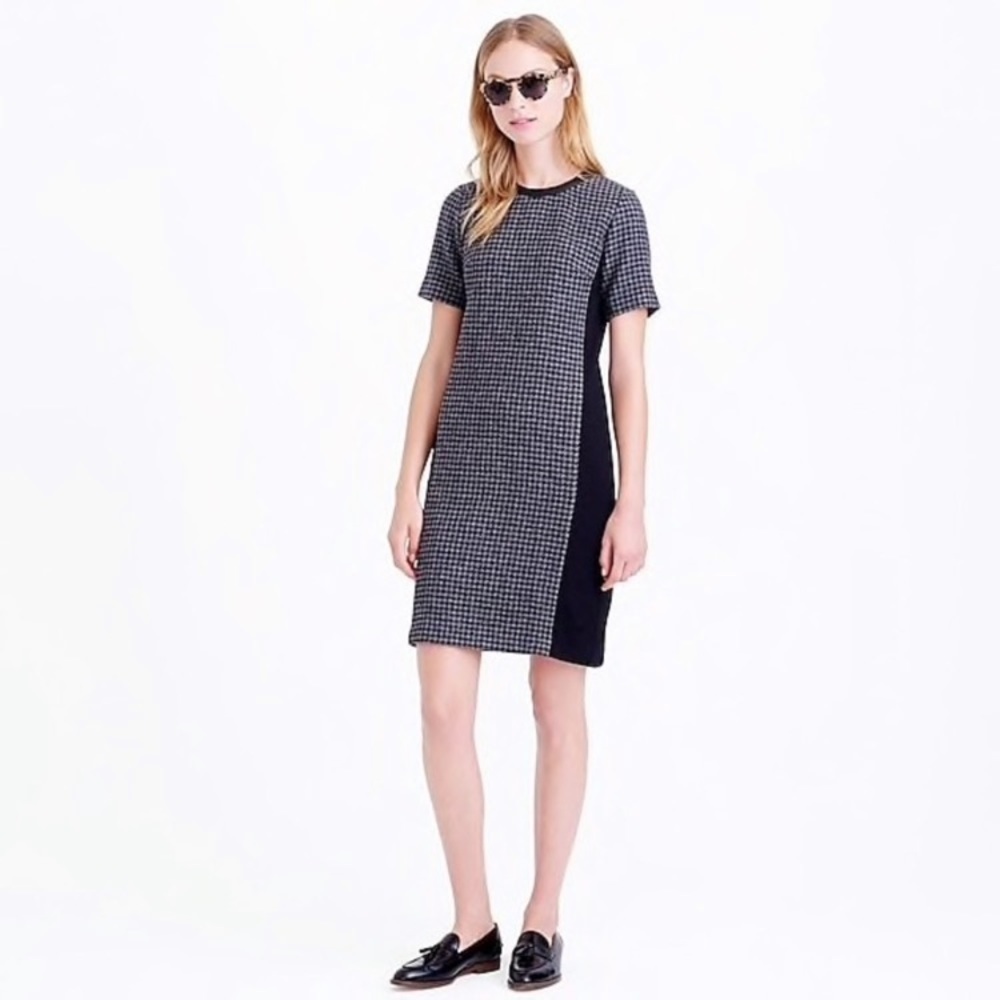J.Crew Mixed Houndstooth Dress wool leather trim midi career office black gray 0